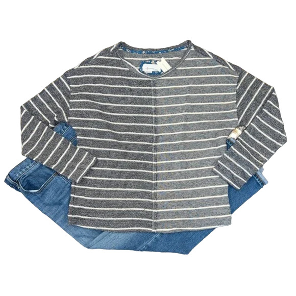 NWT Anthropologie Blue & Ivory Textured Stripe Raw Trim Sweatshirt - Picture 1 of 10
